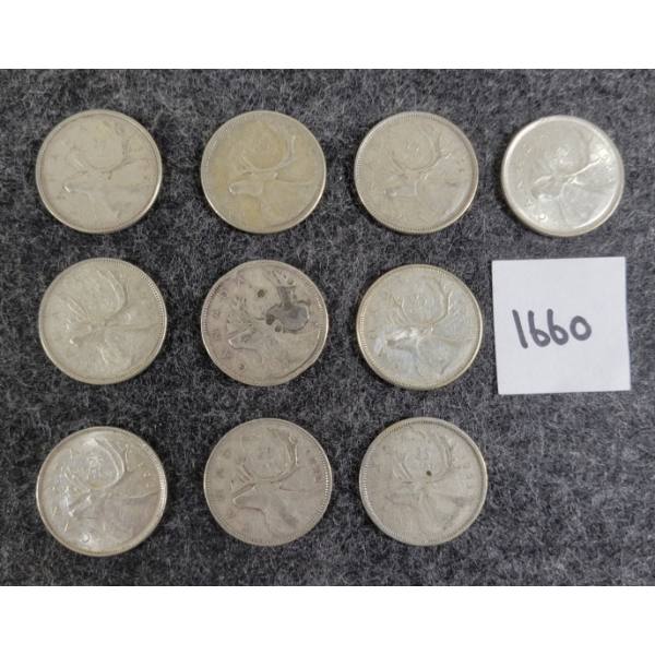LOT OF 10 - 1939-1966 CDN 25 CENT SILVER COINS