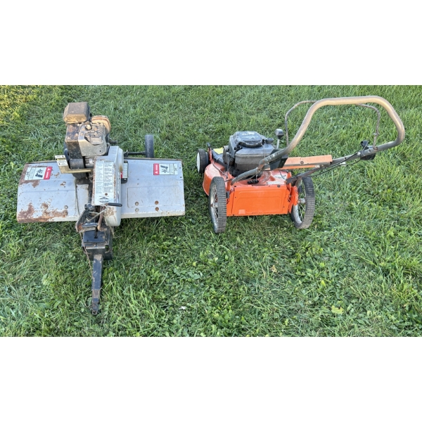 LOT OF 2 - HABAN 36 INCH PULL TYPE TILLER & HUSQVARNA MOWER