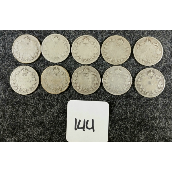 LOT OF 10 - 1908-1936 CDN 10 CENT COINS