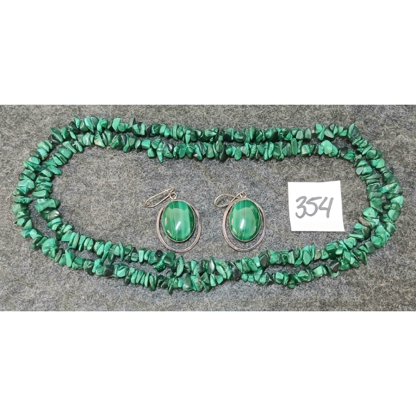 LOT OF 2 - MALACHITE BEADED NECKLACE & STERLING EARRINGS