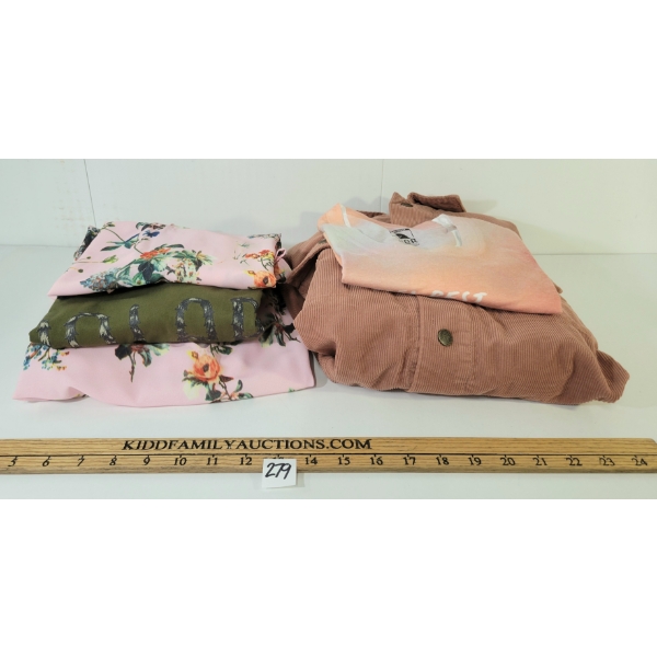 LOT OF 5 - WOMEN'S MINIMUM, POLER & DEUS EX MACHINA T-SHIRTS, BLOUSE, DRESS & CORDUROY JACKET