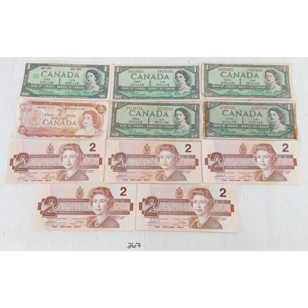LOT OF 11 - CDN $1 & $2 BANKNOTES - INCL 1954, 1967 & 1974 ETC