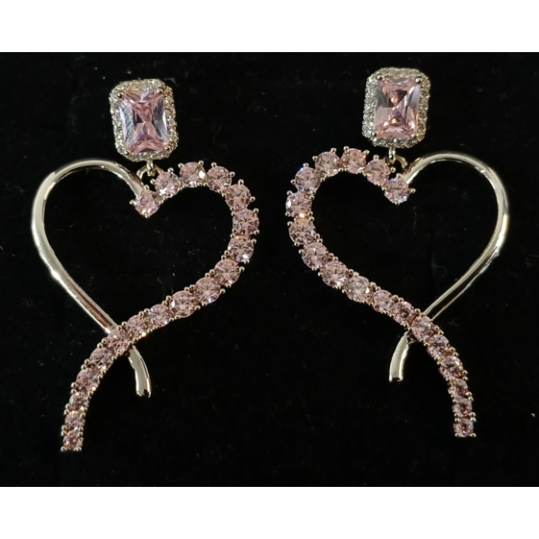 PAIR OF PLATINUM PLATED EMERALD CUT SIMULATED PINK DIAMOND (CZ) HEART DANGLE EARRINGS