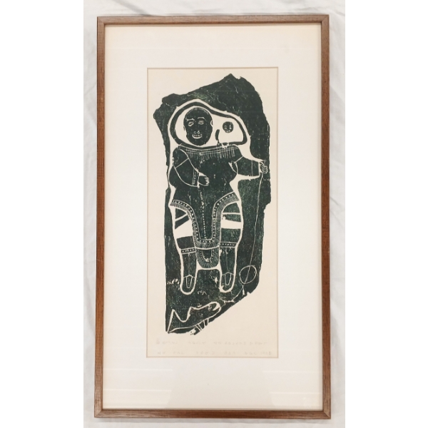 "WINTER FISHING" BY ANNIE MIKPIGAK (1900 - 1984) - FRAMED STONECUT