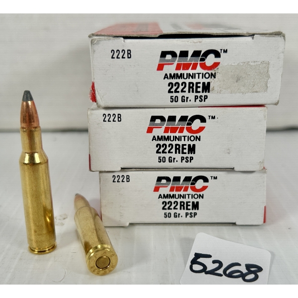 AMMO / BRASS: 54X LIVE & 6X BRASS PMC .222 REM 50GR. SP 