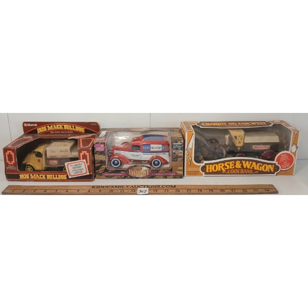 LOT OF 3 - 1926 MACK BULLDOG, 1936 DODGE & HORSE WAGON DIECAST COIN BANKS - HOME HARDWARE