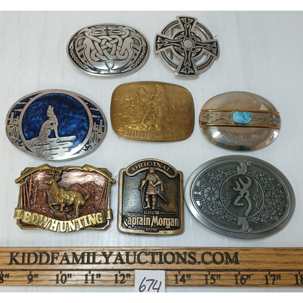 LOT OF 7 - BELT BUCKLES - BROWNING, S&W, BOW HUNTING, ETC