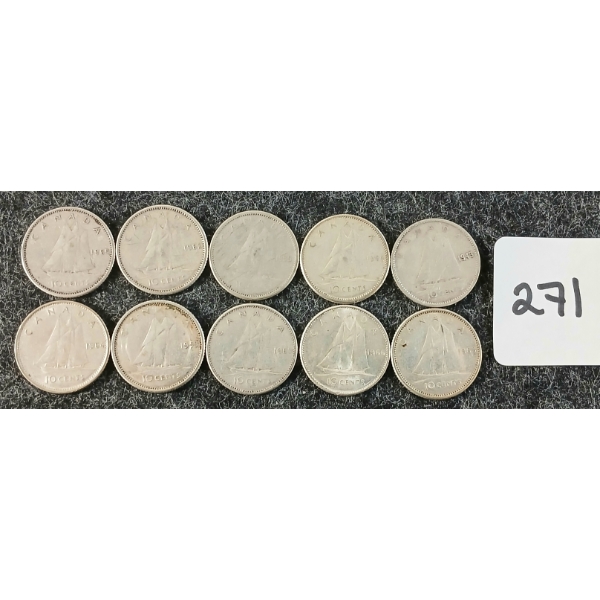 LOT OF 10 - 1943-1966 CDN 10 CENT COINS