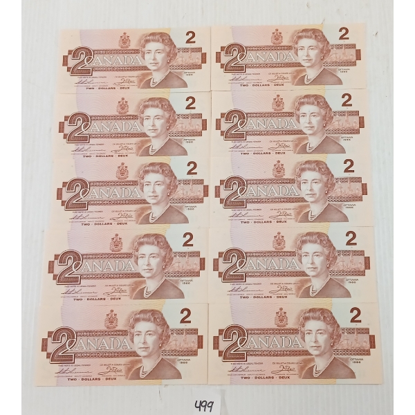LOT OF 10 - 1986 CDN $2 BANKNOTES - SEQUENTIAL & UNCIRCULATED