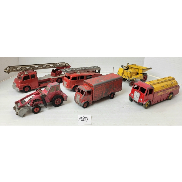LOT OF 6 - DINKY TOYS DIECAST MODELS - SHELL CHEMICALS TRUCK, FIRE ENGINES, DUMP TRUCK, ETC