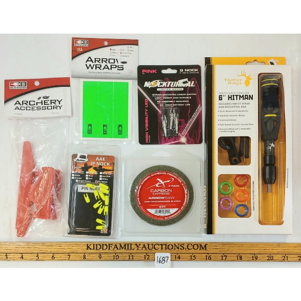 LOT OF 6 - TROPHY RIDGE 6IN HITMAN STABILIZER, AAE IP NOCKS, ARROW WRAPS, ARROW SAW, ETC