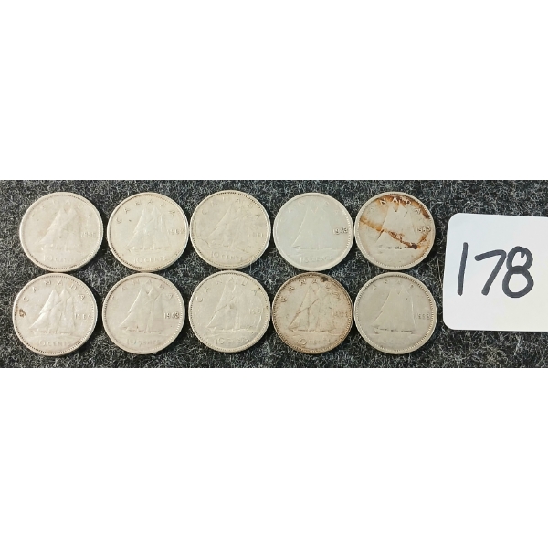 LOT OF 10 - 1938, 1943, 1955, 1961, 1963, 1966 CDN 10 CENT COINS