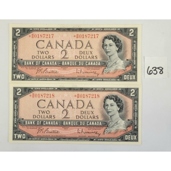 LOT OF 2 - 1954 CDN $2 BANKNOTES - SEQUENTIAL