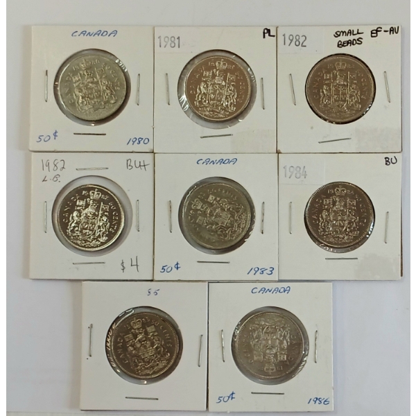LOT OF 8 - 1980-1986 CDN 50 CENT COINS
