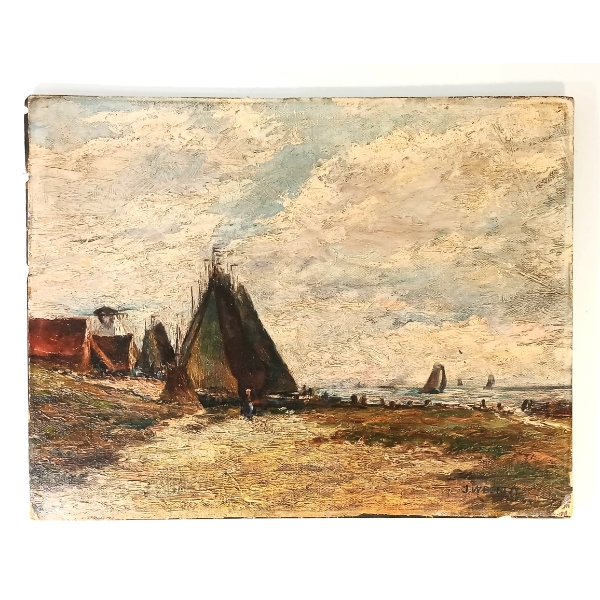 SHORE SCENE BY JOHN WILLIAM BEATTY(1869 - 1941) - OIL ON BOARD