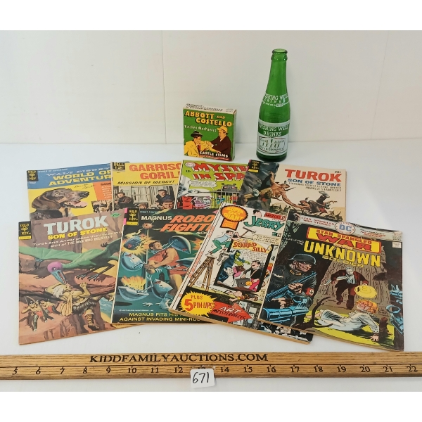 LOT OF 10 - DC, DELL & GOLDKEY COMIC BOOKS, ABBOTT & COSTELLO FILM, WISHING WELL BOTTLE