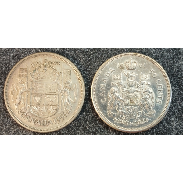 LOT OF 2 - 1956 & 1961 CDN 50 CENT SILVER COINS