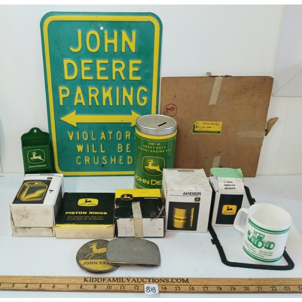 JOB LOT - JOHN DEERE SST PARKING SIGN, PARTS, MUG, MATCHES HOLDER, COIN BANK, ETC