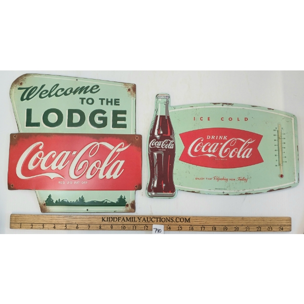 LOT OF 2 - COCA-COLA "ICE COLD" & "WELCOM TO THE LODGE" - SST THERMOMETER & SIGN