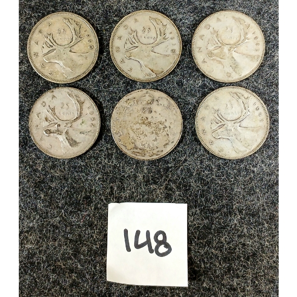 LOT OF 6 - CDN 25 CENT SILVER COINS - PRE 1967