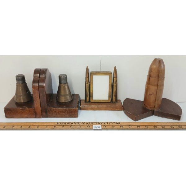LOT OF 3 - ARTILLERY FUSE & RNDS TRENCH ART PICTURE FRAME & BOOK ENDS