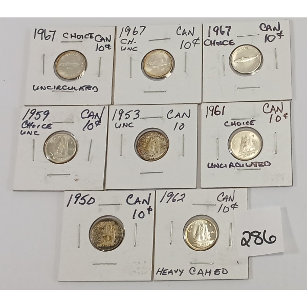 LOT OF 8 - CDN 10 CENT COINS - INCL 1950, 1953, 1959 & 1961 ETC