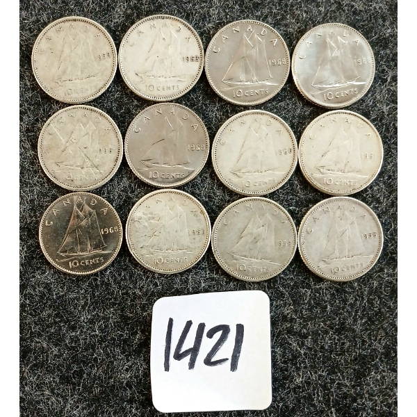 LOT OF 12 - 1956-1968 CDN 10 CENT COINS