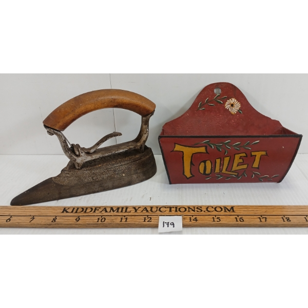 LOT OF 2 - TIN MATCH BOX HOLDER & WILCOX MFG. SAD IRON