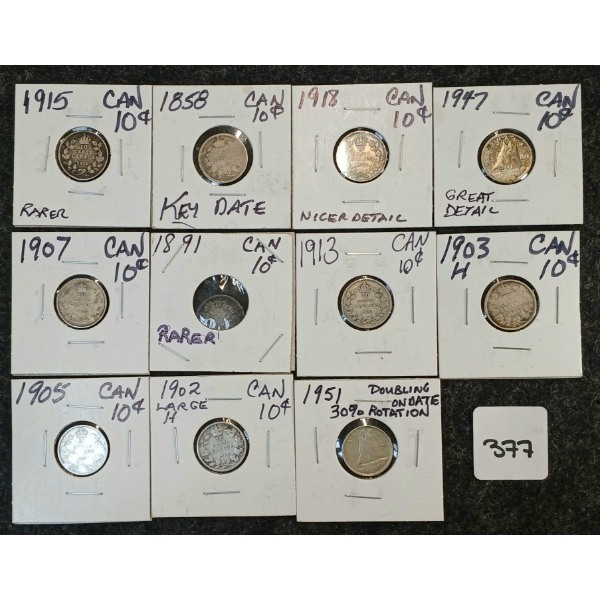 LOT OF 11 - 1858-1951 CDN 10 CENT COINS 