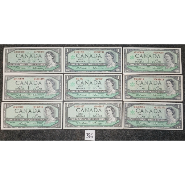 LOT OF 9 - 1954 & 1967 CDN $1 BANKNOTES - INCL REPLACEMENT BANKNOTE