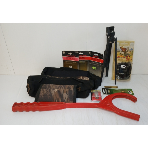 JOB LOT - MUZZLE LOADING ACCESSORIES, SCOPE COVERS, TRIPOD & CLAY THROWER