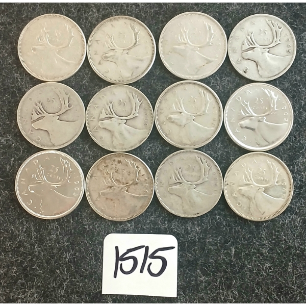 LOT OF 12 - 1941-1966 CDN 25 CENT COINS
