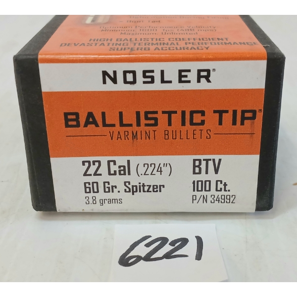 BULLETS: 100X NOSLER .22CAL - 60GR - BTV