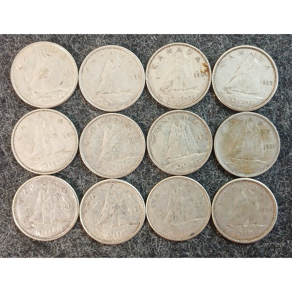 LOT OF 12 - 1951-1965 CDN 10 CENT COINS