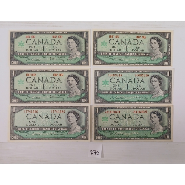 LOT OF 6 - 1954 & 1967 CDN $1 BANKNOTES