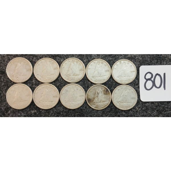 LOT OF 10 - 1956 CDN 10 CENT COINS