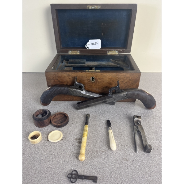 CASED PAIR MITCHELL & CO OF MANCHESTER PERCUSSION PISTOLS IN APPROX .47 CAL