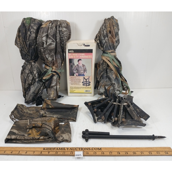 JOB LOT - TREE STAND UMBRELLAS, BRACKETS & BIG MAN'S CAMO SAFETY HARNESS