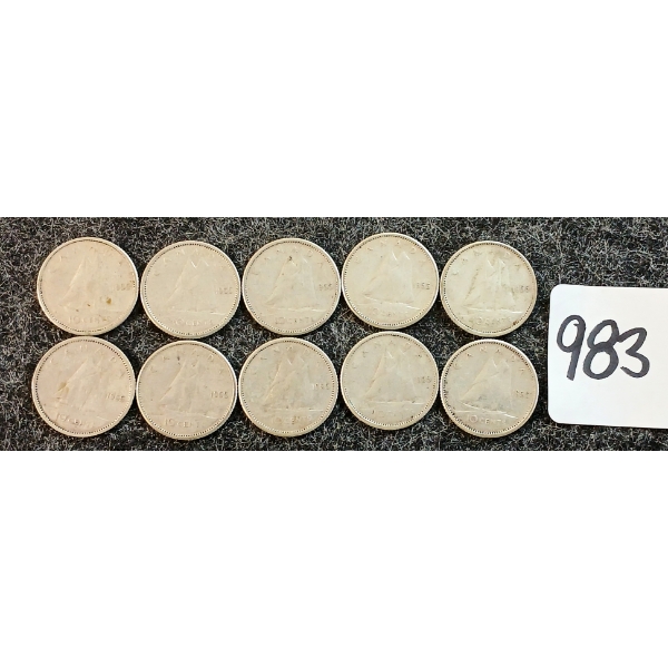 LOT OF 10 - 1955 CDN 10 CENT COINS