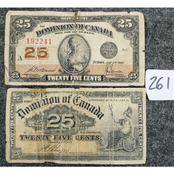 LOT OF 2 - 1900 & 1923 DOMINION OF CANADA 25 CENT SHINPLASTER BANKNOTES