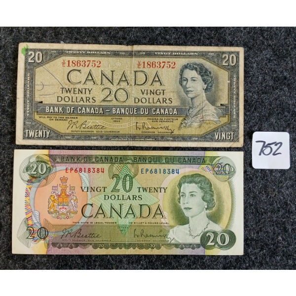 LOT OF 2 - 1954 & 1969 CDN $20 BANKNOTES