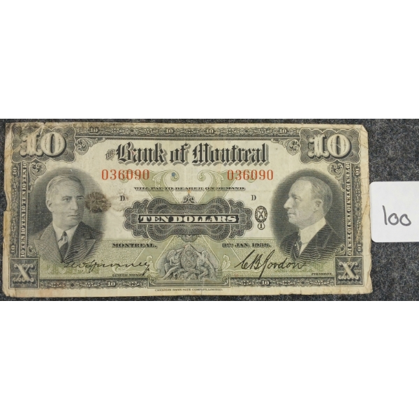 1938 BANK OF MONTREAL $10 BANKNOTE