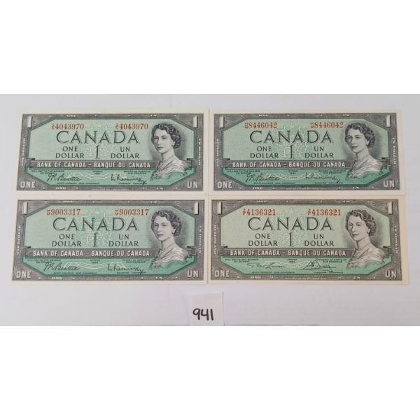 LOT OF 4 - 1954 CDN $1 BANKNOTES - UNCIRCULATED