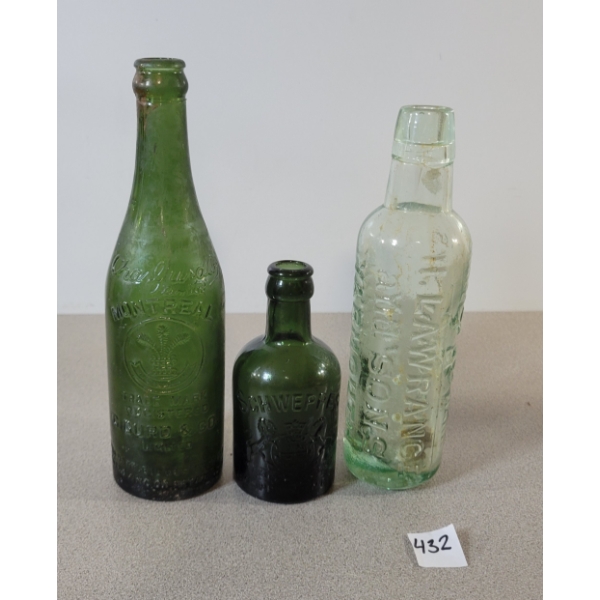 LOT OF 3 - GREEN TINT EMBOSSED BOTTLES - INCL H. LAWRANCE & SONS, ETC.