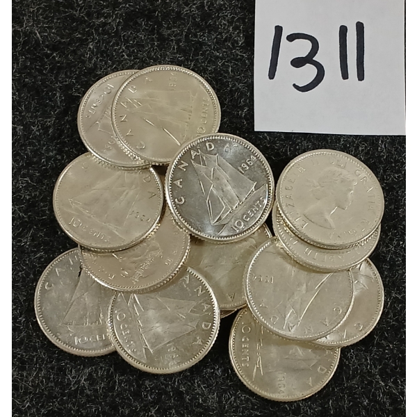 LOT OF 15 - 1964 CDN SILVER DIMES