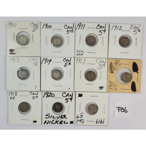 LOT OF 11 - 1907-1920 CDN 5 CENT SILVER PCS