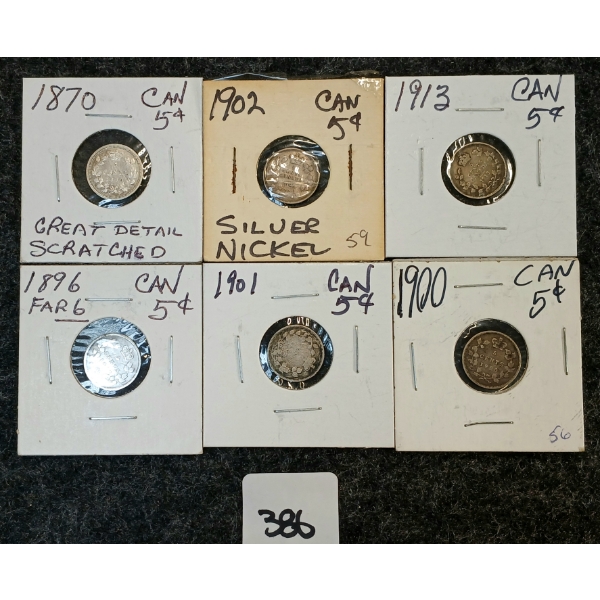 LOT OF 6 - 1870-1913 CDN 5 CENT COINS