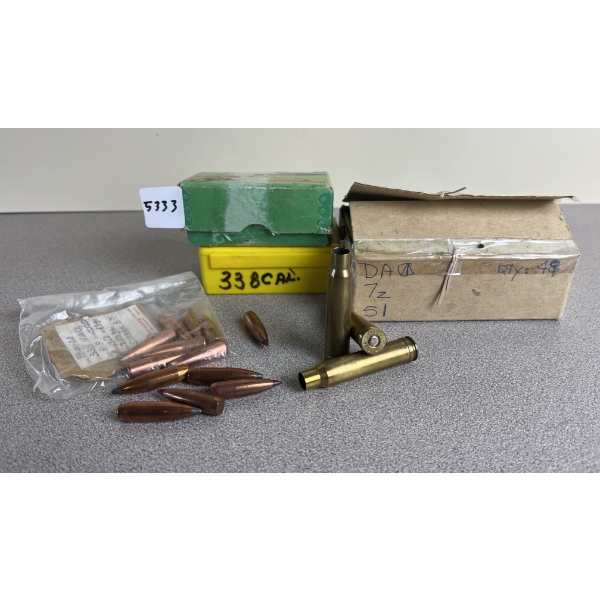 BRASS/BULLETS: APPROX 30X PRIMED REMINGTON .338 WIN MAG BRASS APPROX 80X MIXED .338 BULLETS