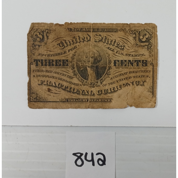 1863 U.S. FRACTIONAL 3 CENT SHINPLASTER