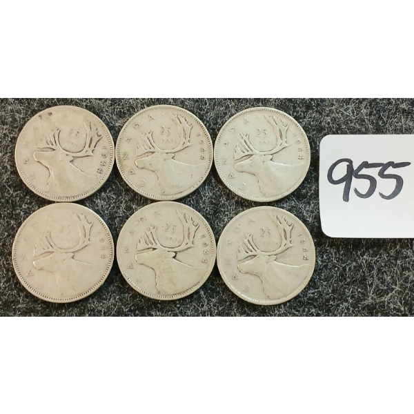 LOT OF 6 - 1944 CDN 25 CENT COINS